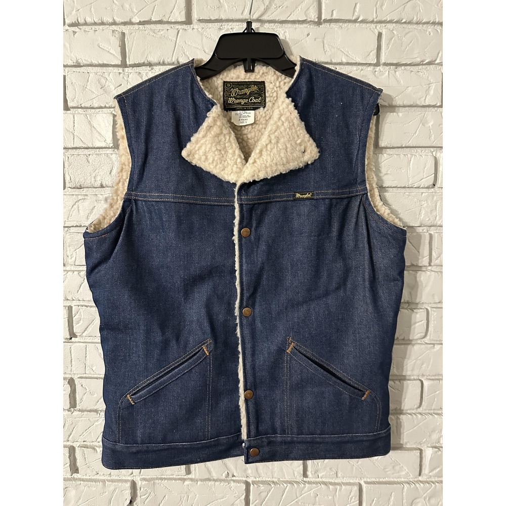 Vintage Wrangler Vest Mens Small Blue Denim Sherpa Lined Cowboy USA JL456NV